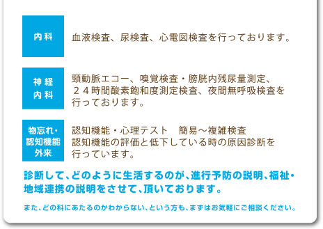 内科 神経内科 物忘れ・認知機能外来 診断して、どのように生活するのが、進行予防の説明、福祉・地域連携の説明をさせて、頂いております。